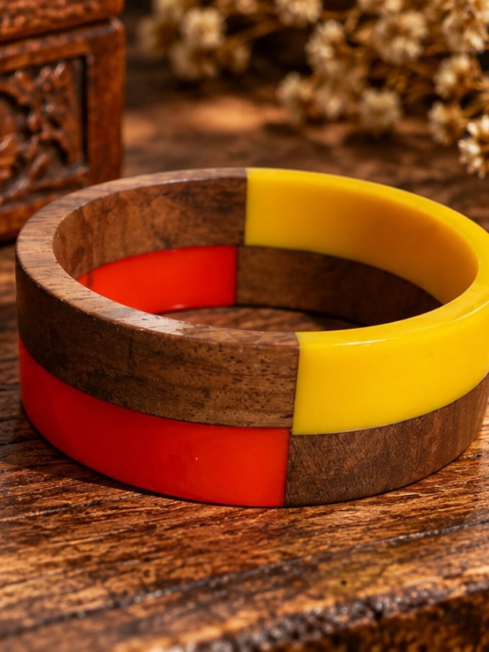 Chunky Wood & Resin Colorblock Bangle Bracelet – Boho Retro Style